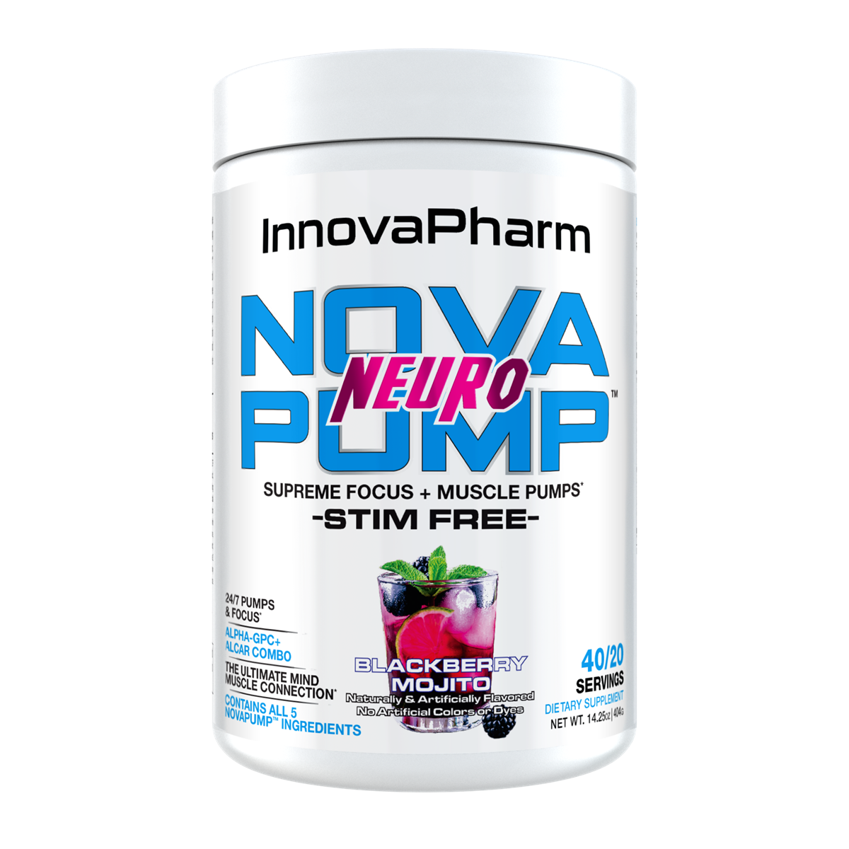 White tub of Innovapharm NovaPump Neuro in Blackberry Mojito flavor for focus and pumps