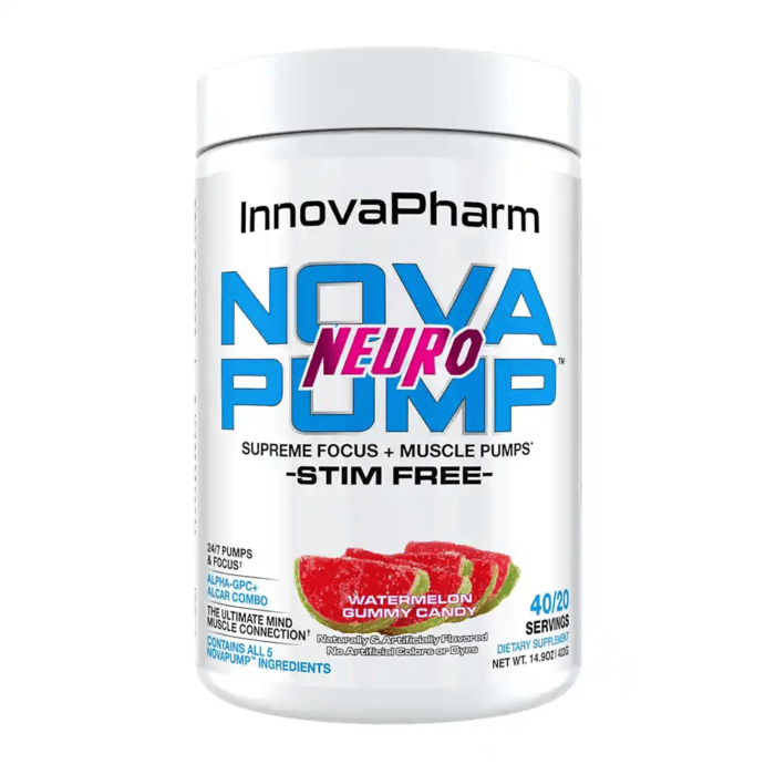 Innovapharm NovaPump Neuro pre-workout tub with watermelon gummy flavor for focus and pumps