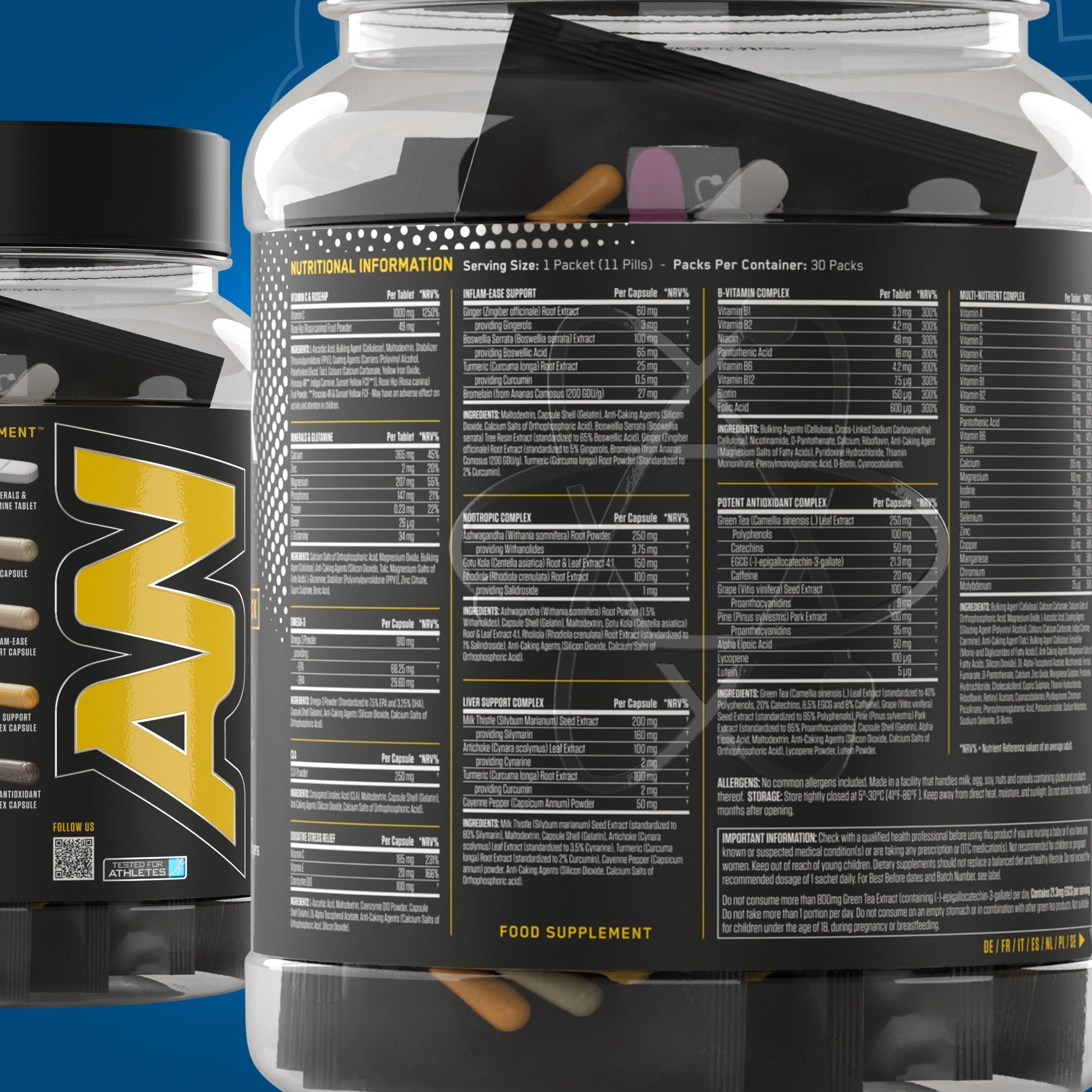 Clear plastic jar of Applied Nutrition Black Stak with capsules, root extract, orthophosphoric acid