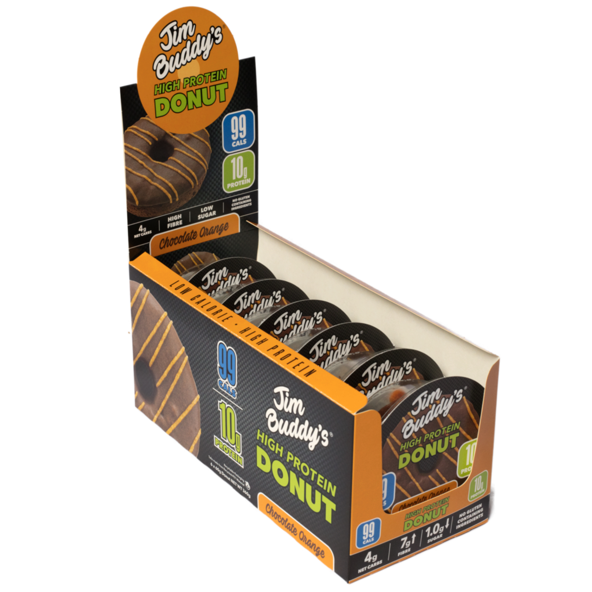 Box of JIM BUDDY’S HIGH PROTEIN DONUT in chocolate orange flavor for Jimmy’s Iced Coffee 12x250ml with shipping options