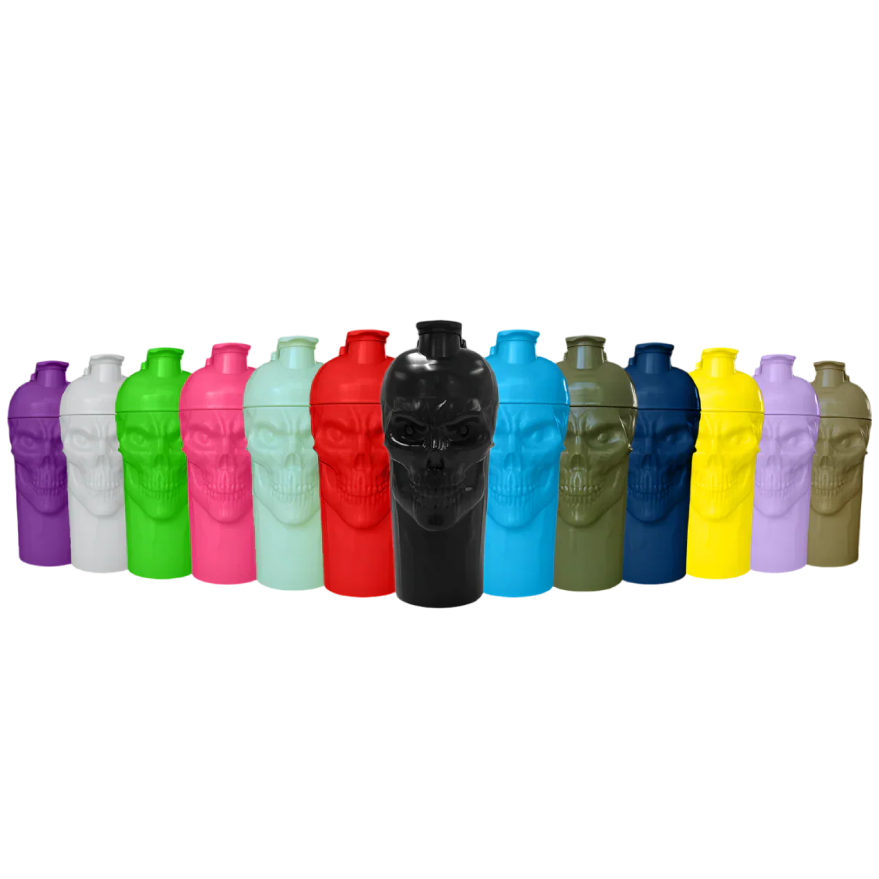 Colorful sports skull shaker bottles made from BPA-free materials with bold skull design