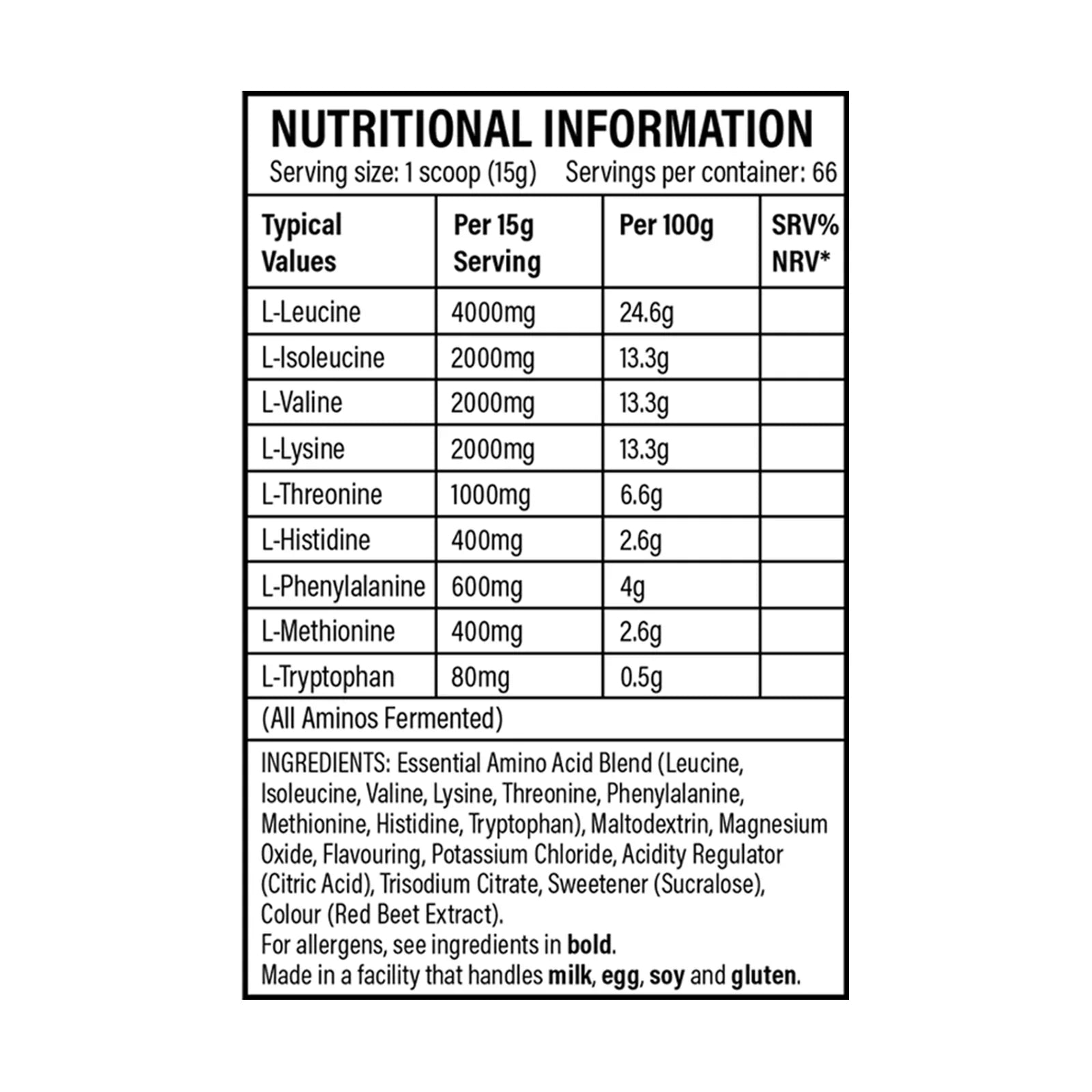 Nutritional info label for Trained By JP EAA boost protein with complete amino and essential nutrients