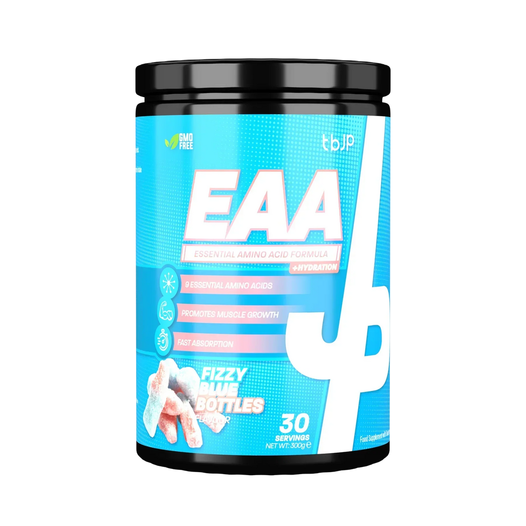 Trained By JP EAA tub with 30 servings of fizzy blue bottles flavor for muscle boost