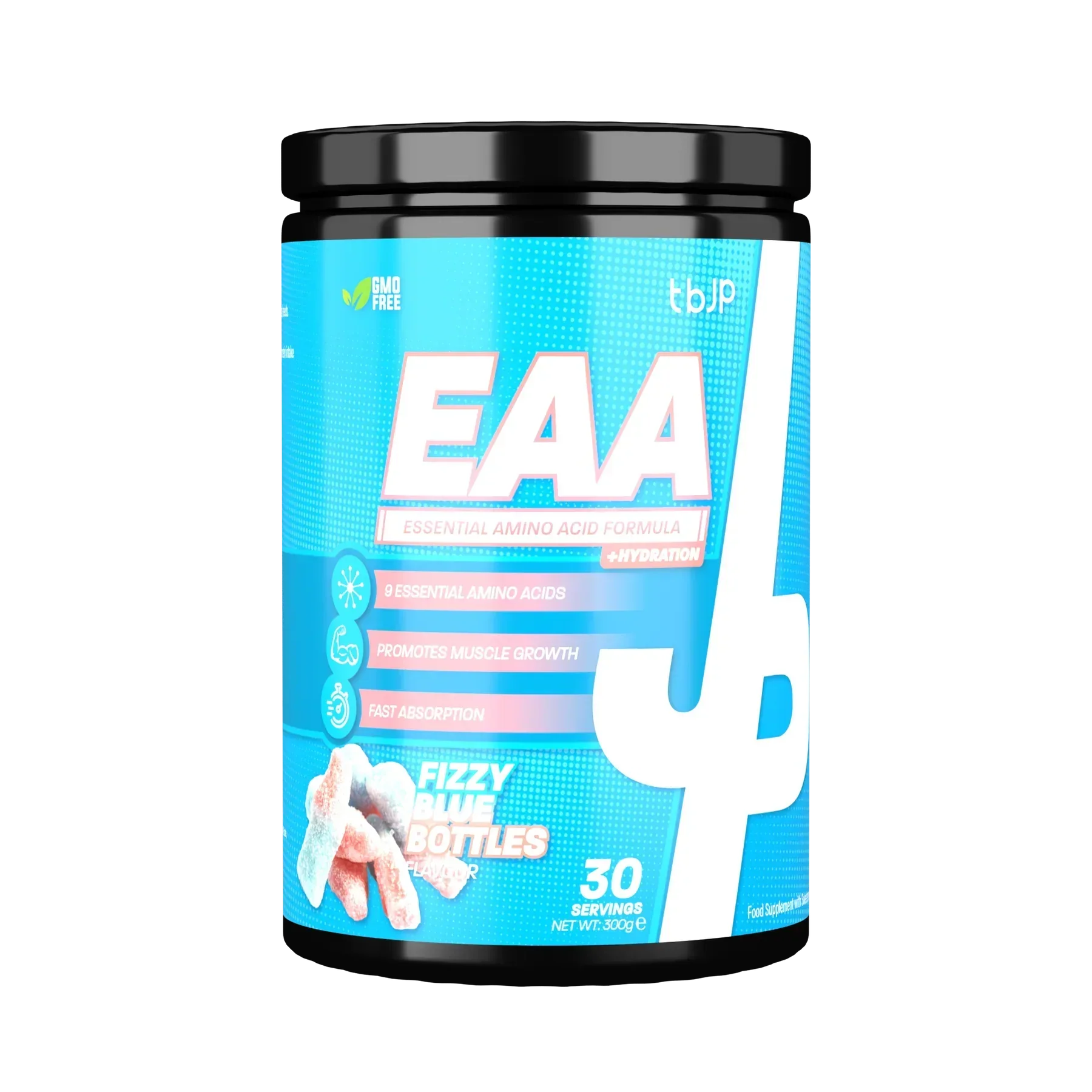 Trained By JP EAA tub with 30 servings of fizzy blue bottles flavor for muscle boost