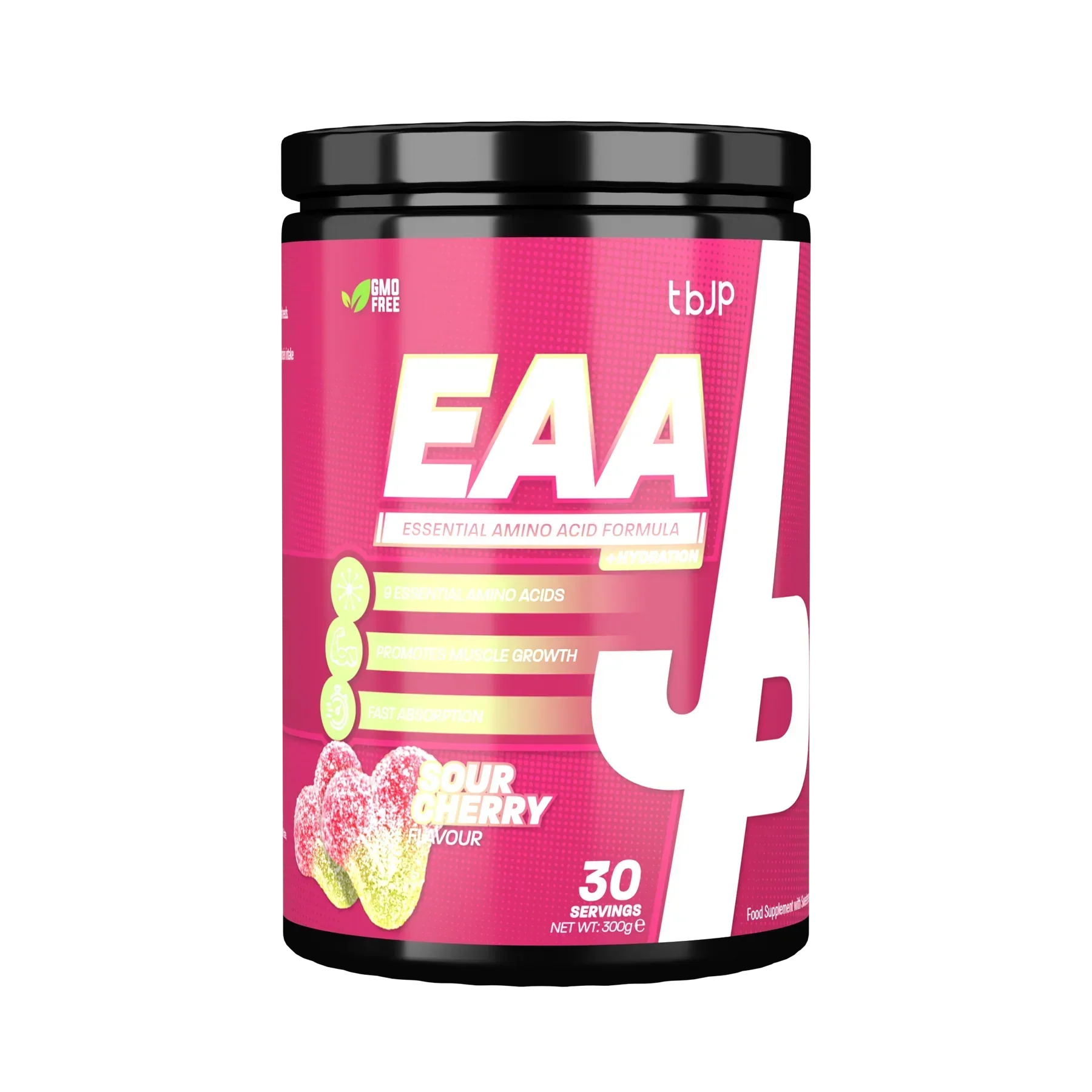 Pink Trained By JP EAA tub with sour cherry flavor for boosting protein and essential nutrients