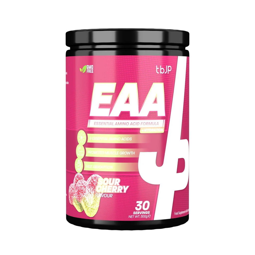 EAA supplement tub in sour cherry flavor from Trained By JP boosts protein and has complete amino acids