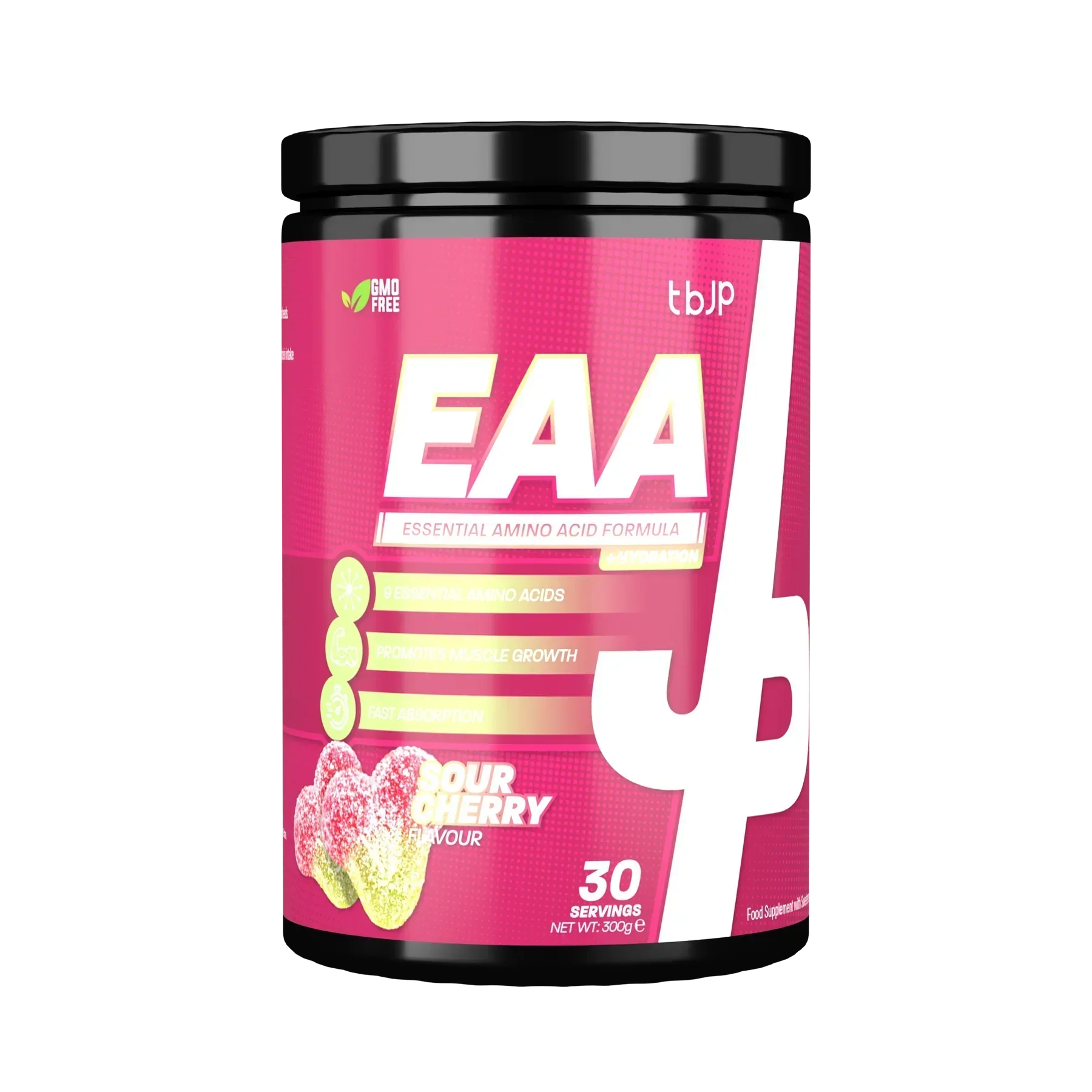 EAA supplement tub in sour cherry flavor from Trained By JP boosts protein and has complete amino acids