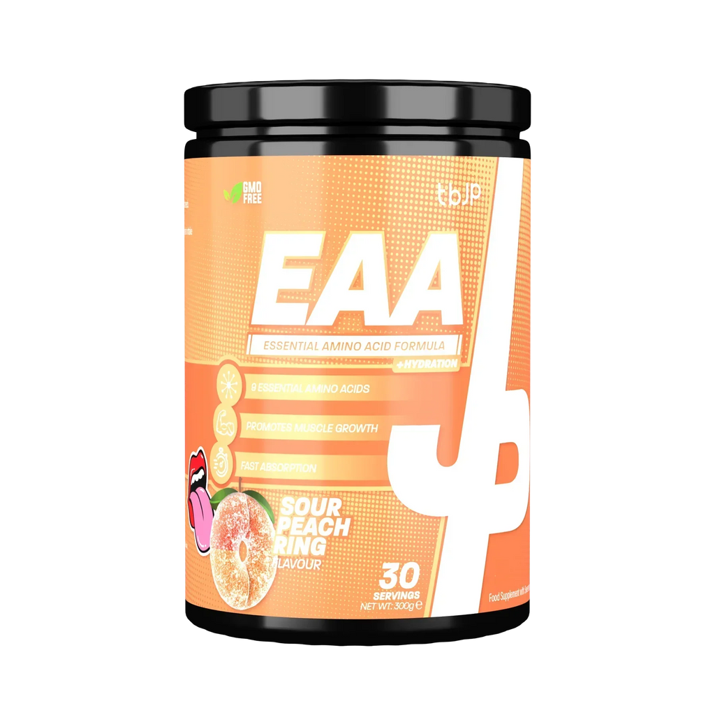 Orange-flavored Trained By JP EAA supplement tub for boost protein and essential nutrients