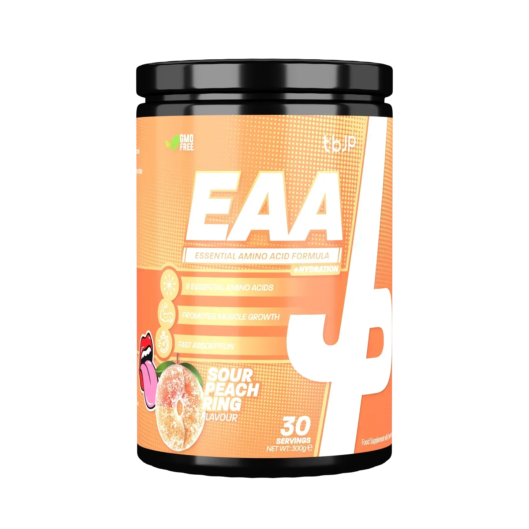 Sour Peach Ring flavored EAA supplement powder from Trained By JP for boost protein and essential nutrients