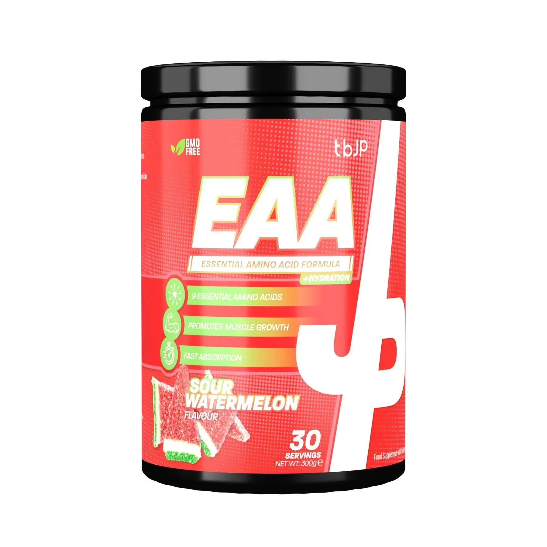 Trained By JP EAA sour watermelon tub boosts protein with complete amino for recovery