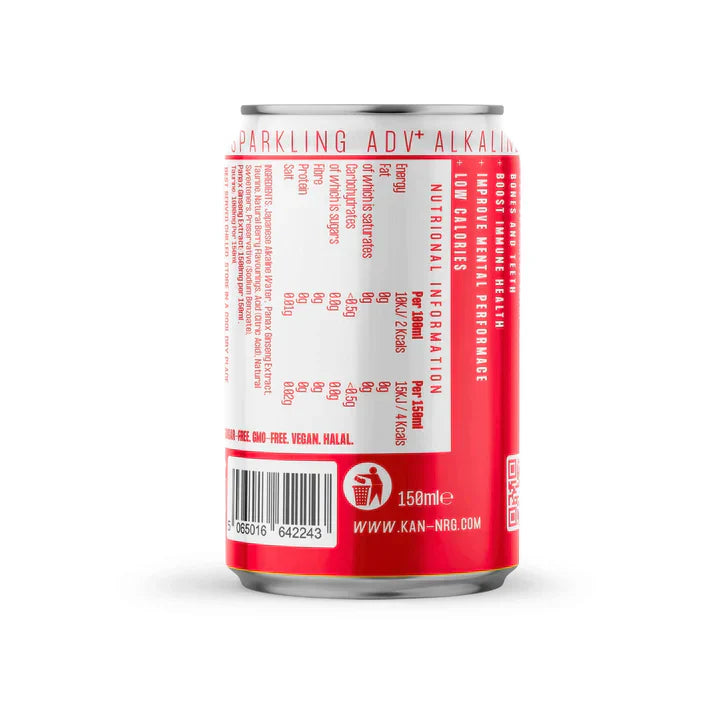 Red and white sparkling drink can from KAN-NRG alkaline ionised hydration water with nutrition info