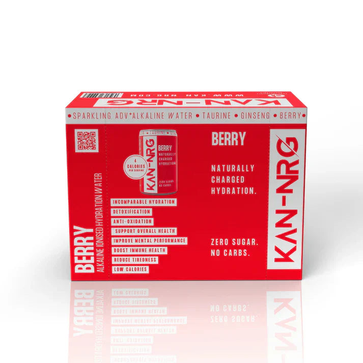 Red box of KAN-NRG alkaline ionised hydration water 24-pack for on-the-go hydration