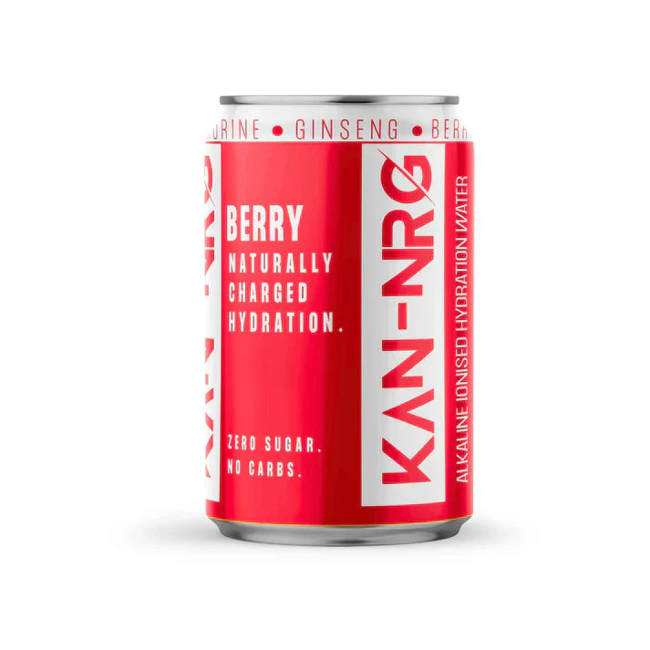 Red and white KAN-NRG alkaline ionised hydration water can with zero sugar and ginseng