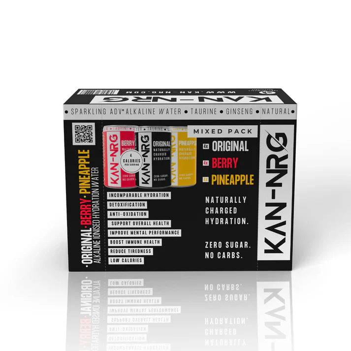 Mixed pack of KAN-NRG alkaline ionised hydration water bottles with natural ingredients and zero sugar for on-the-go hydration
