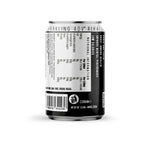 Black and white sparkling alkaline ionised hydration can with nutrition info barcode recycling symbol