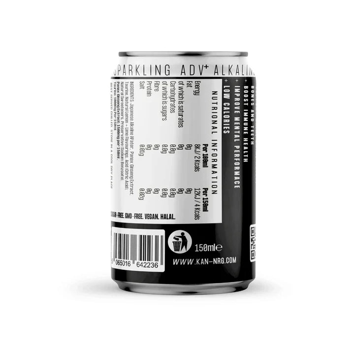 Black and white sparkling alkaline ionised hydration can with nutrition info barcode recycling symbol