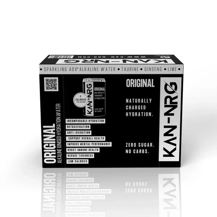 Black and white box with KAN-NRG Alkaline Ionised Hydration Water on-the-go hydration