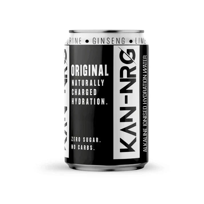 Black and white energy drink can from KAN-NRG Alkaline Ionised Hydration Water, perfect for on-the-go hydration