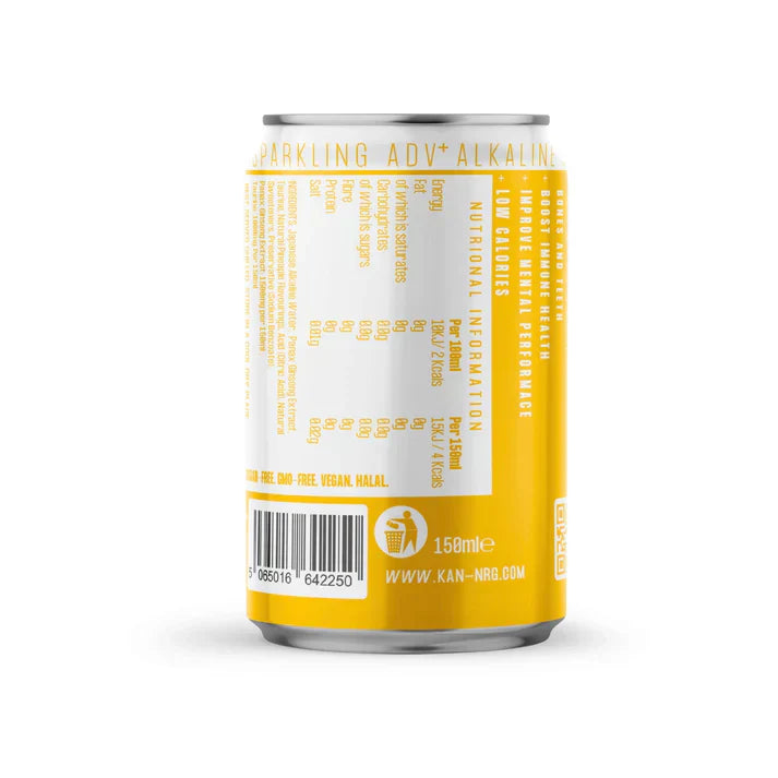 Yellow and white KAN-NRG alkaline ionised hydration water can with nutrition label and barcode