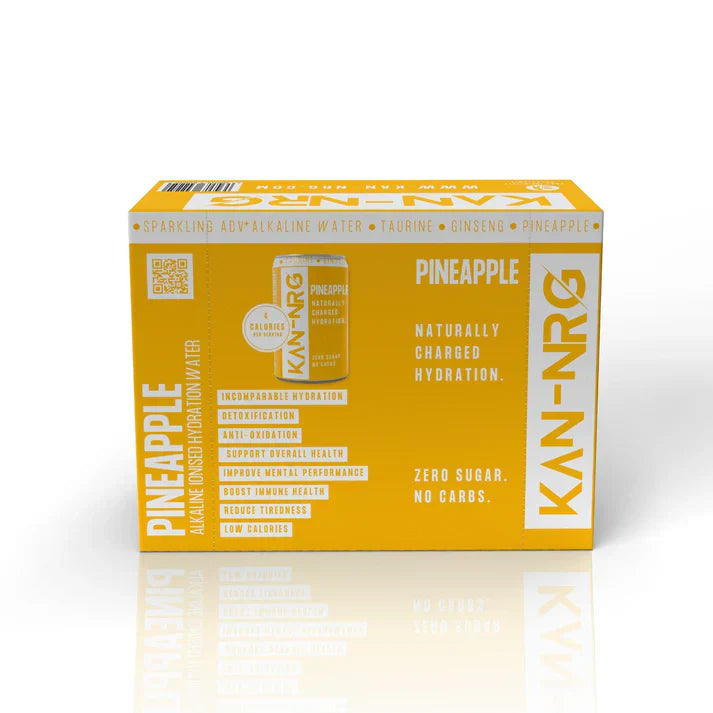 Yellow and white multi-pack of KAN-NRG alkaline ionised hydration water for on-the-go hydration