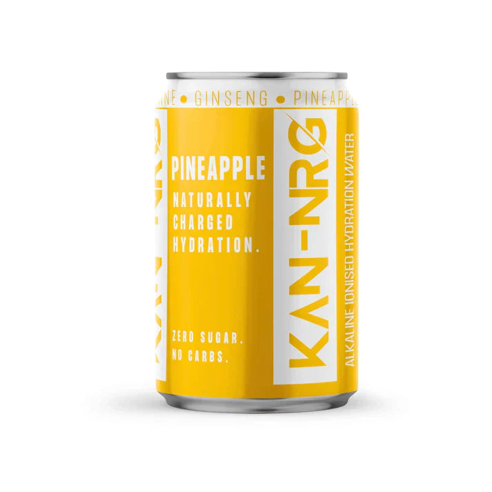Yellow and white pineapple flavored energy drink can from KAN-NRG alkaline ionised hydration water