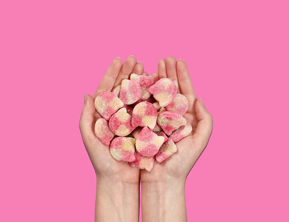 Hands holding pink and white checkered Candy Kittens 10x140g Wanderlust candies
