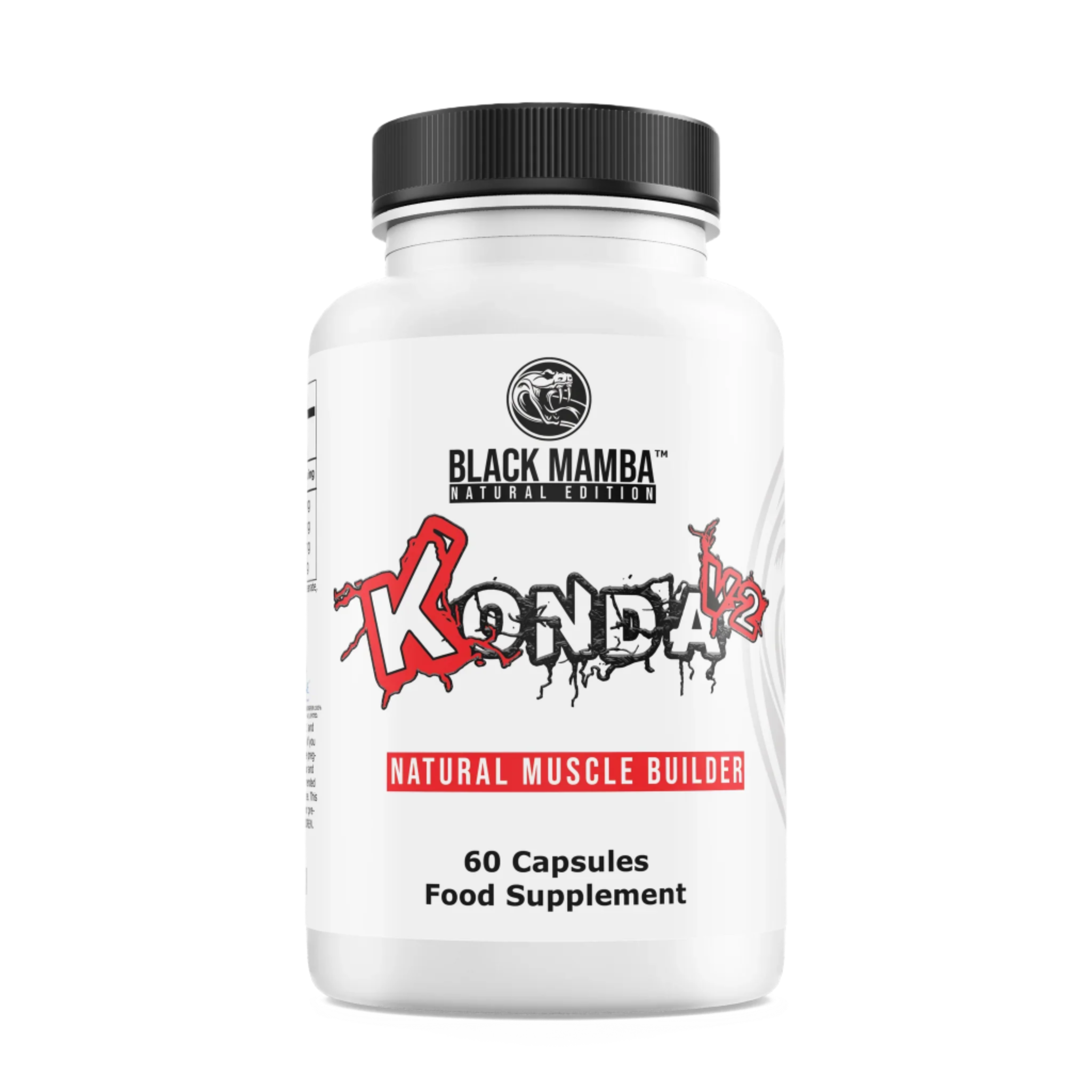White supplement bottle with black lid Black Mamba Konda V2 for boosting testosterone levels