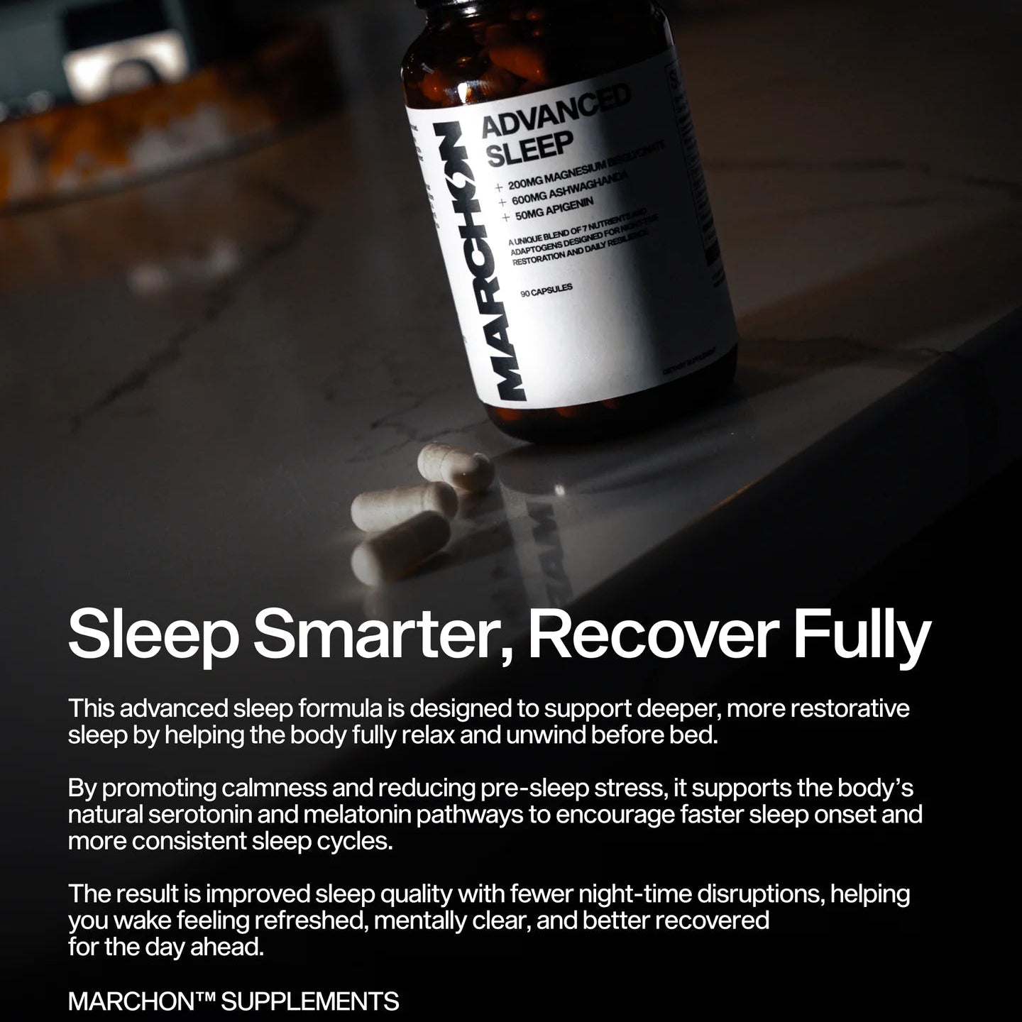 Marchon Advanced Sleep supplement bottle on a dark surface with text about sleep benefits.