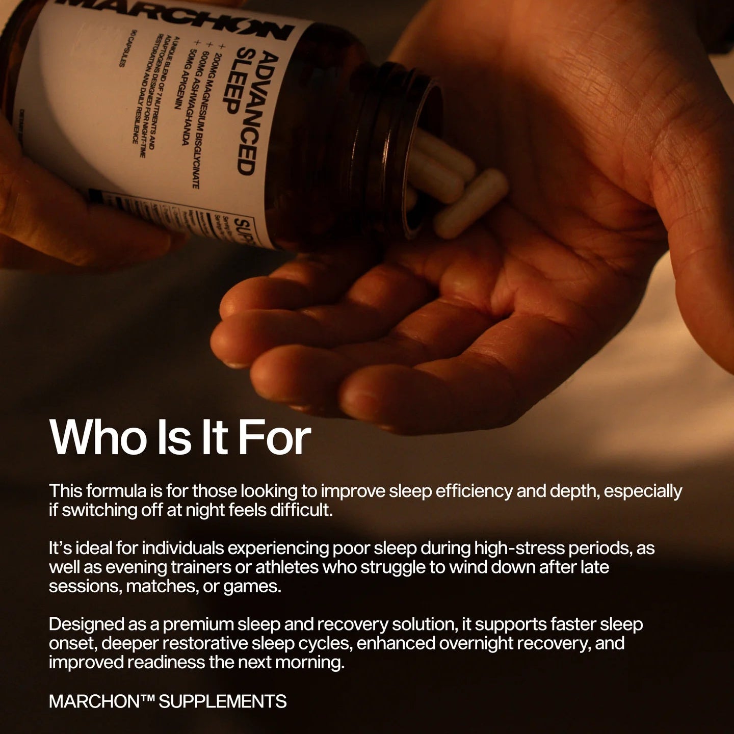 Hand holding Marchon Advanced Sleep supplement bottle with text about product use.