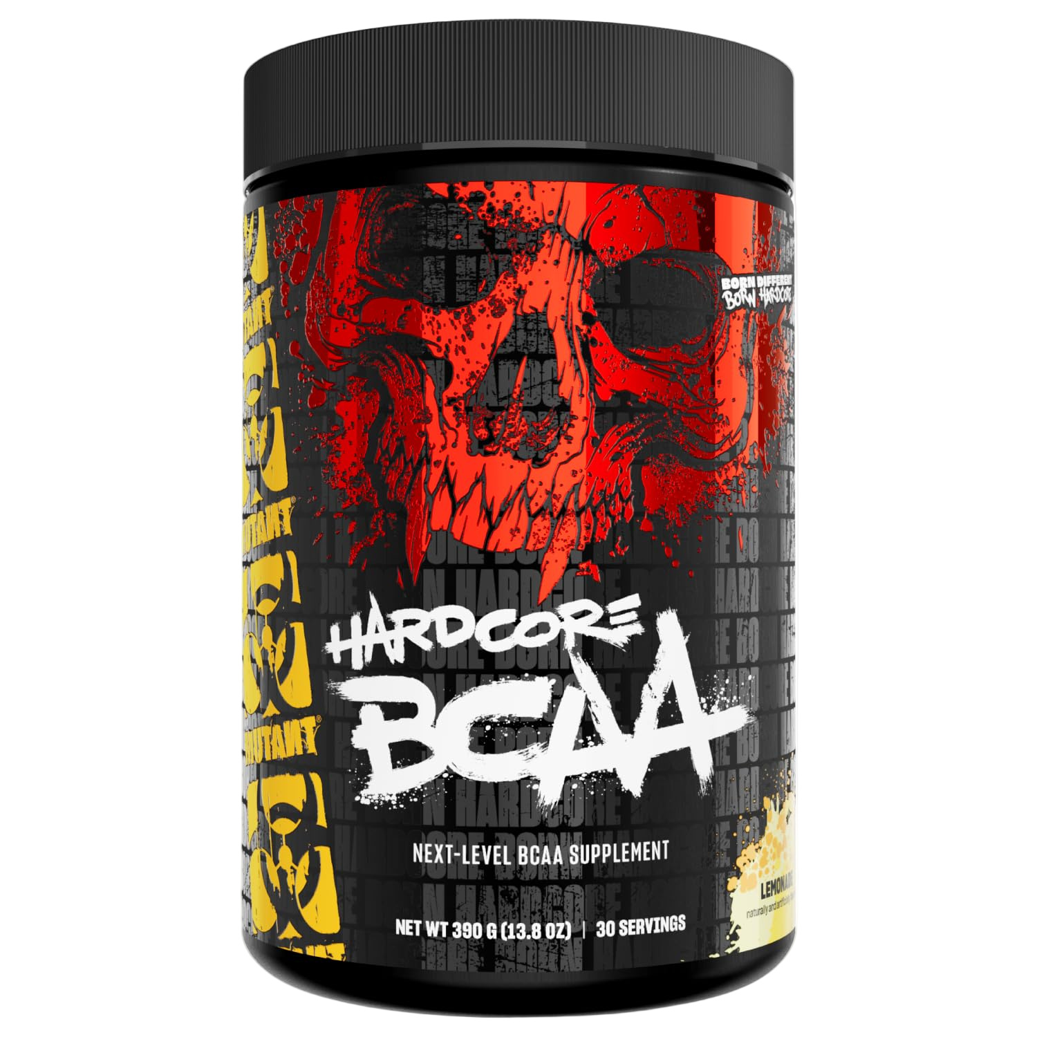 Supplement container with skull design and 'Hardcore BCAA' text on a white background