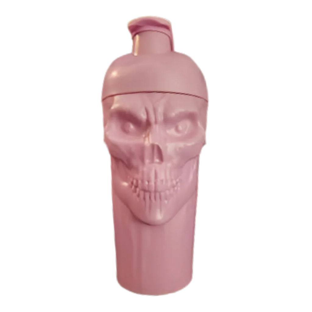 Pink skull-shaped protein shaker bottle with bold skull design made from BPA-free materials for sports fans