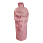 Pink skull-shaped protein shaker bottle with bold skull design made from BPA-free materials for sports fans