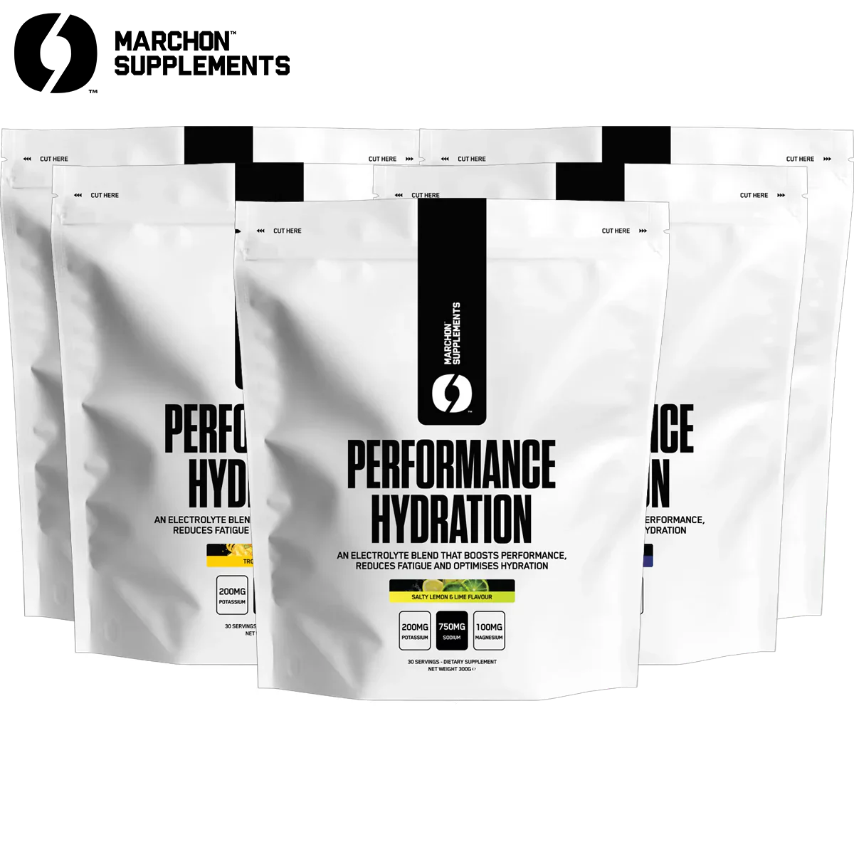 Multiple white pouches of Marchon Supplements Performance Hydration with electrolyte blend for muscle function
