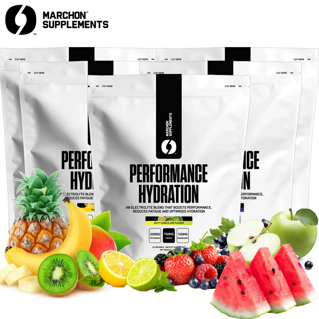 Five white Marchon Performance Hydration electrolyte blend pouches with fruits for muscle function