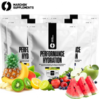 Five white Marchon Performance Hydration electrolyte blend pouches with fruits for muscle function