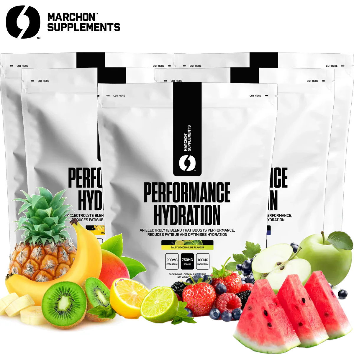Five white Marchon Performance Hydration electrolyte blend pouches with fruits for muscle function
