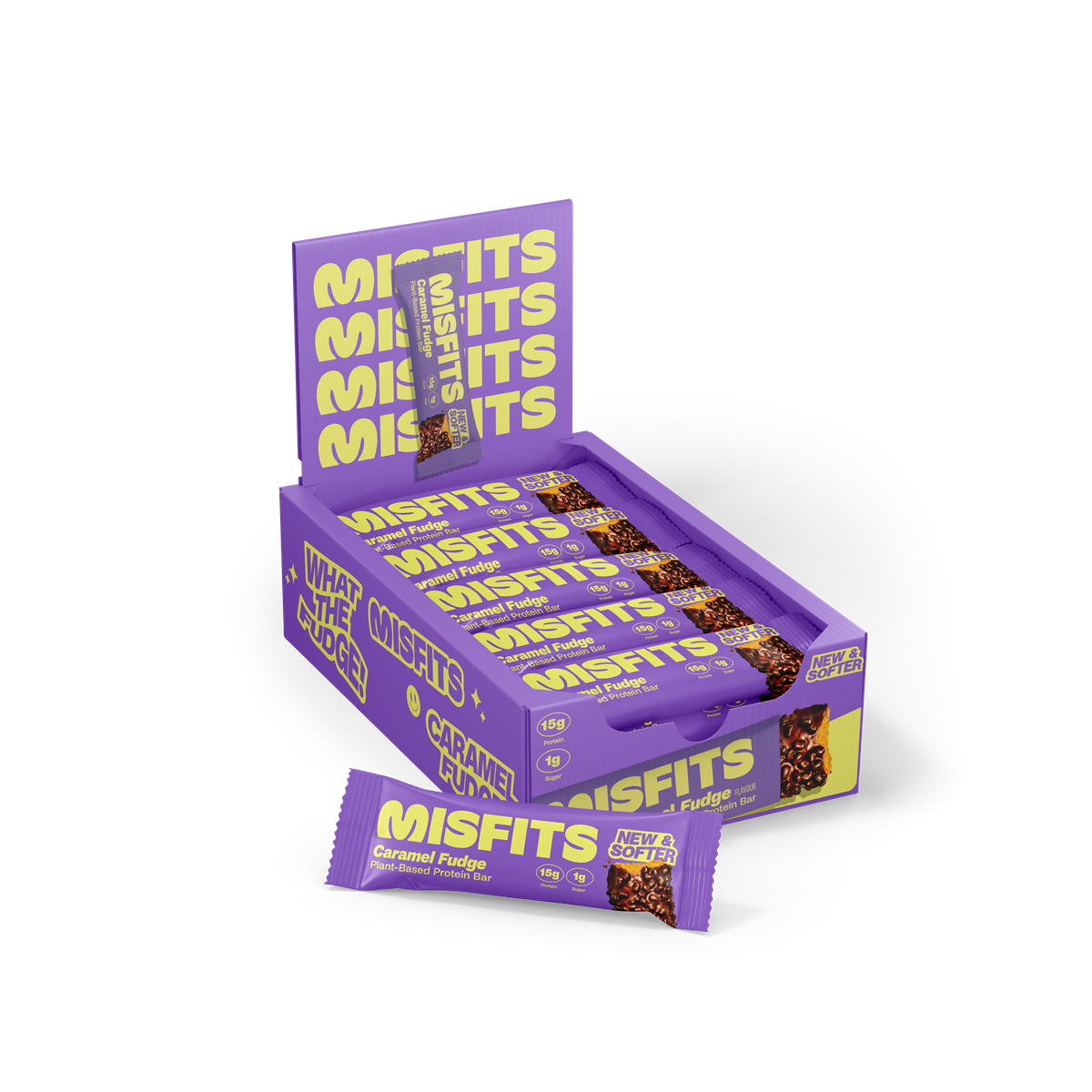 Purple Misfits Plant-Based Protein Bar box with Caramel Fudge flavor