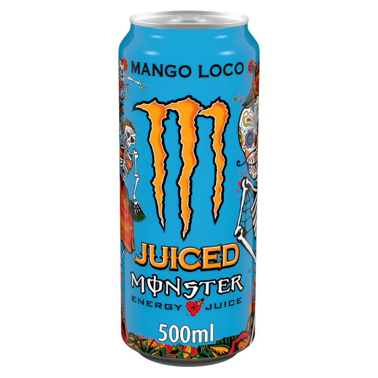 Light blue Monster Energy Monster Juiced Mango Loco carbonated energy drink can with skeleton art