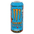 Light blue Monster Energy Monster Juiced Mango Loco carbonated energy drink can with skeleton art
