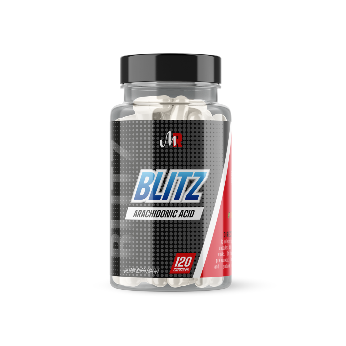 Muscle Rage Blitz arachidonic acid supplement with black pepper extract capsules in clear plastic bottle