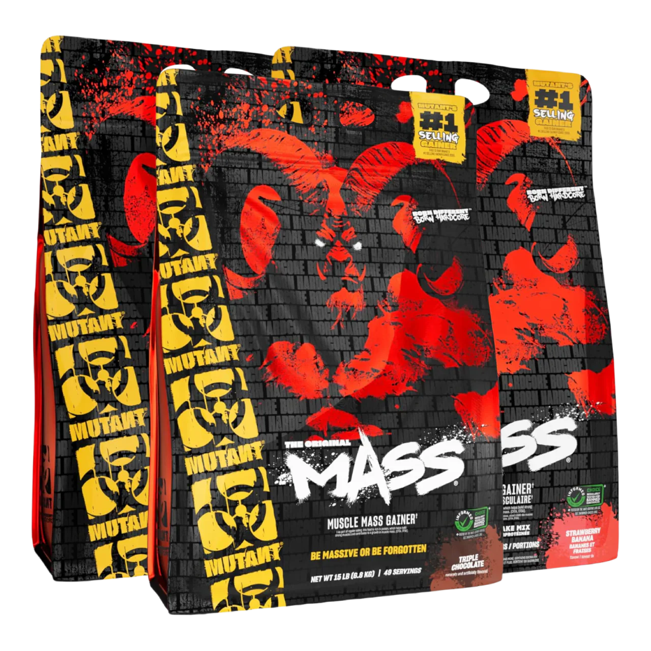 Three Mutant Mass muscle gain bags in triple chocolate and strawberry banana flavors