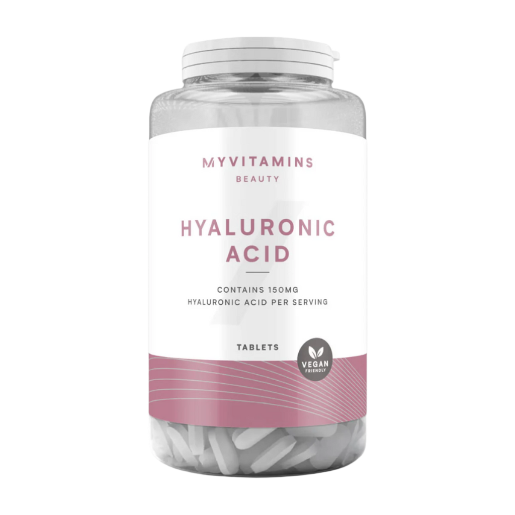 Clear plastic bottle of MyVitamins Hyaluronic Acid Tablets supports skin hydration vegan-friendly