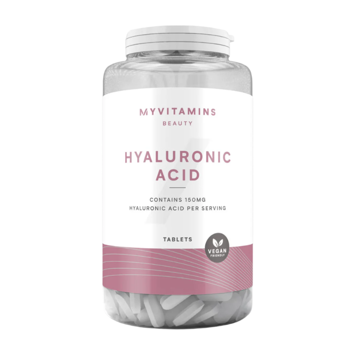 Clear plastic bottle of MyVitamins Hyaluronic Acid Tablets supports skin hydration vegan-friendly