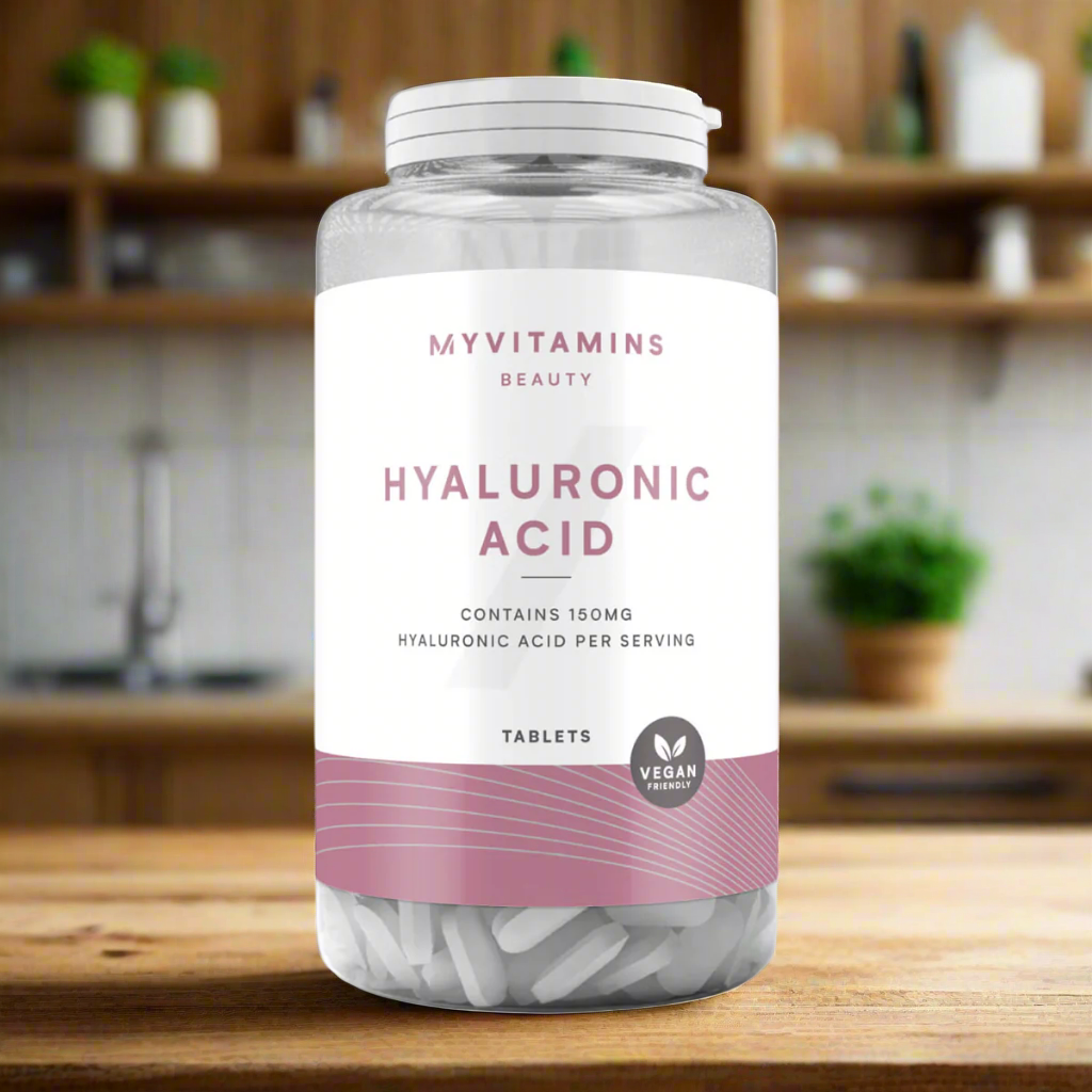 Clear plastic jar of myvitamins hyaluronic acid tablets supports skin hydration with pink accents