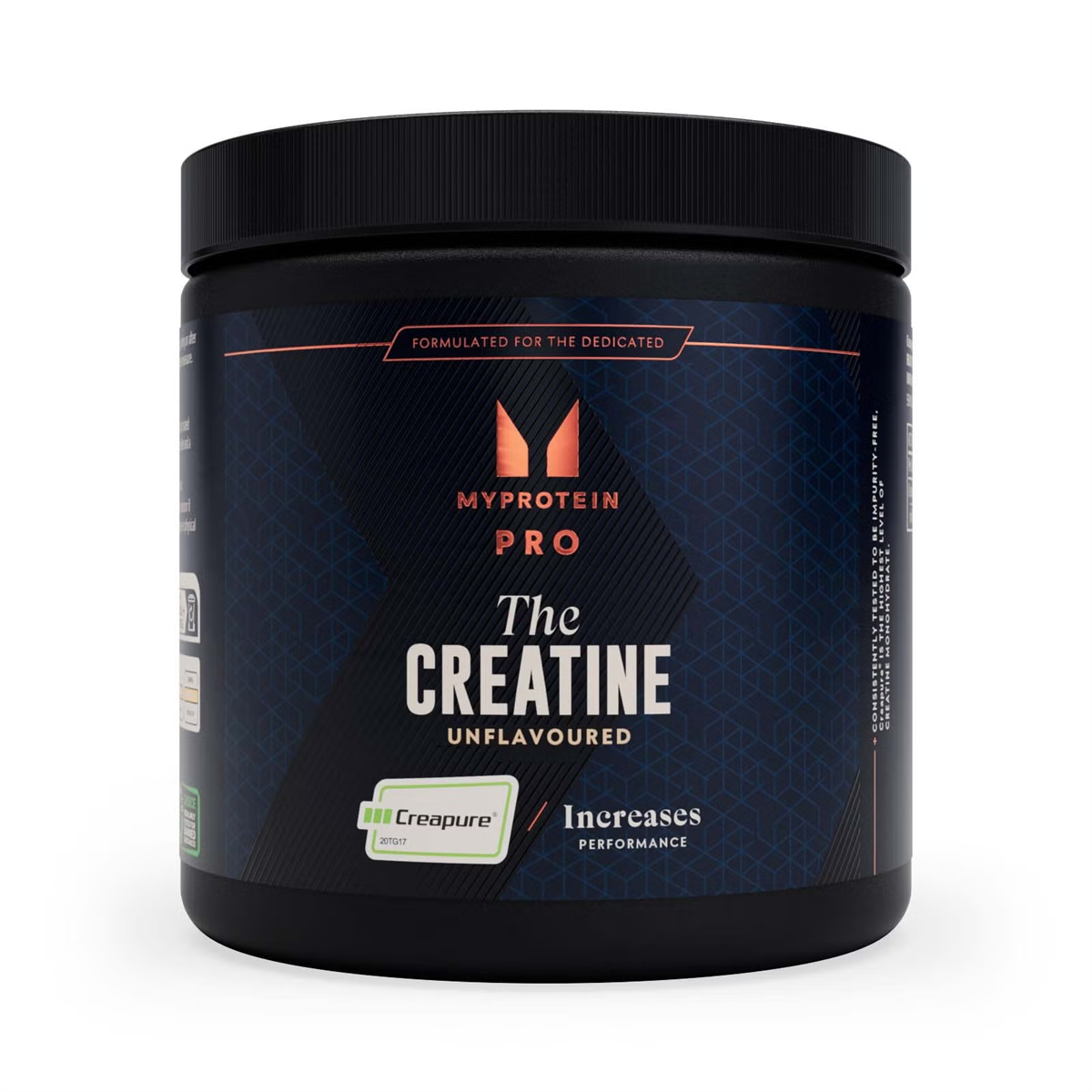 Black cylindrical container of MyProtein PRO The Creatine unflavored for power output
