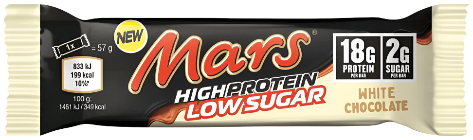 Mars Hi Protein Low Sugar Bar with Mars flavor, high protein low sugar white chocolate