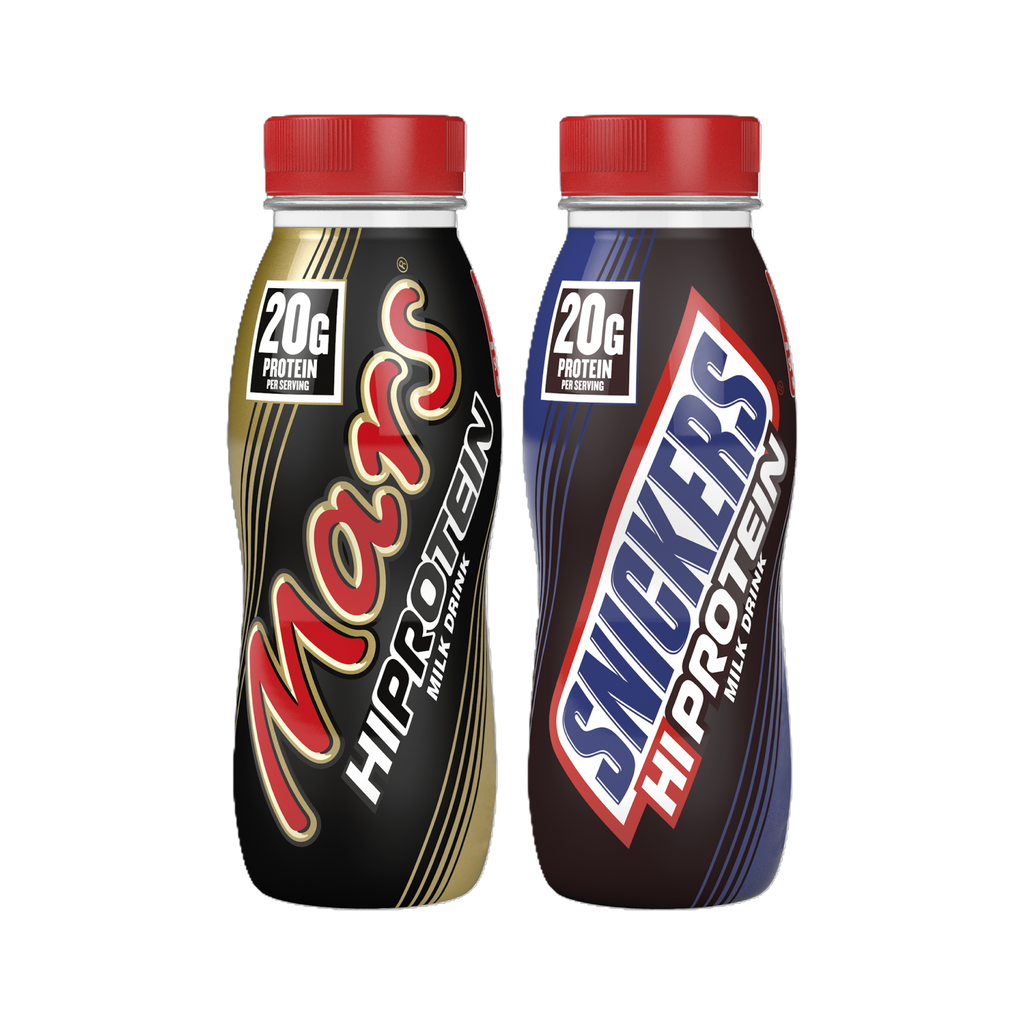 Two bottles of Mars and Snickers Hi Protein Milk Drinks on a white background