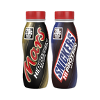 Two bottles of Mars and Snickers Hi Protein Milk Drinks on a white background