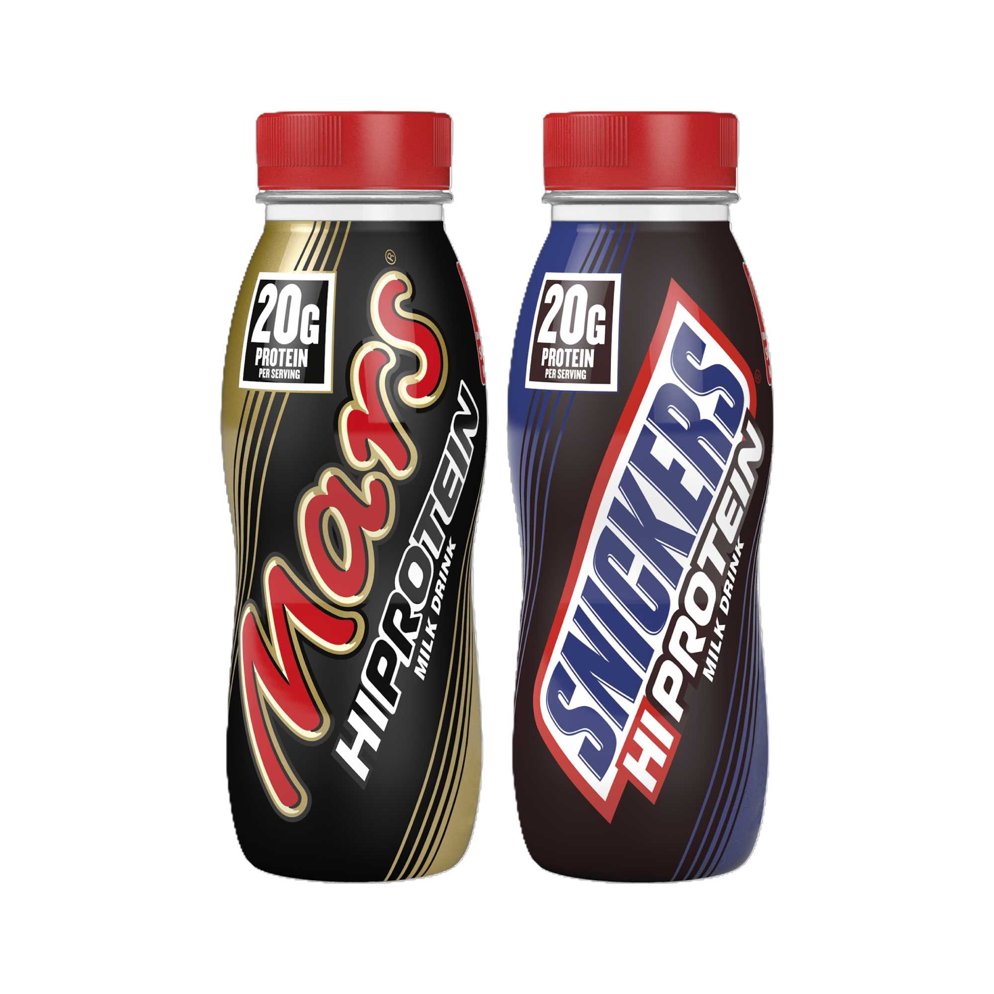 Two bottles of Mars and Snickers Hi Protein Milk Drinks on a white background