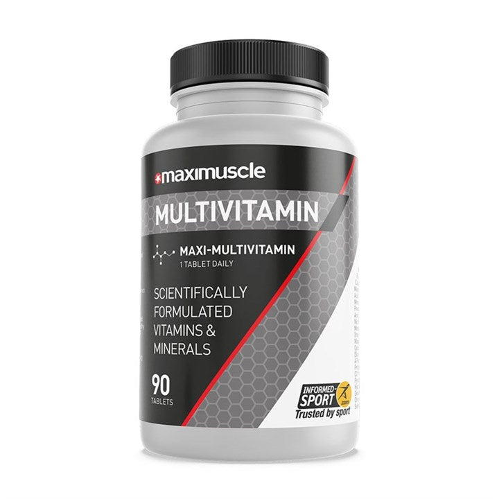 MaxiNutrition Multivitamin bottle with 90 tablets, free from banned substances, contains hydroxypropyl methylcellulose